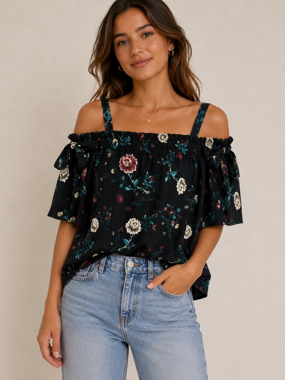 Skies Are Blue Black Floral Off-Shoulder Blouse NWOT
